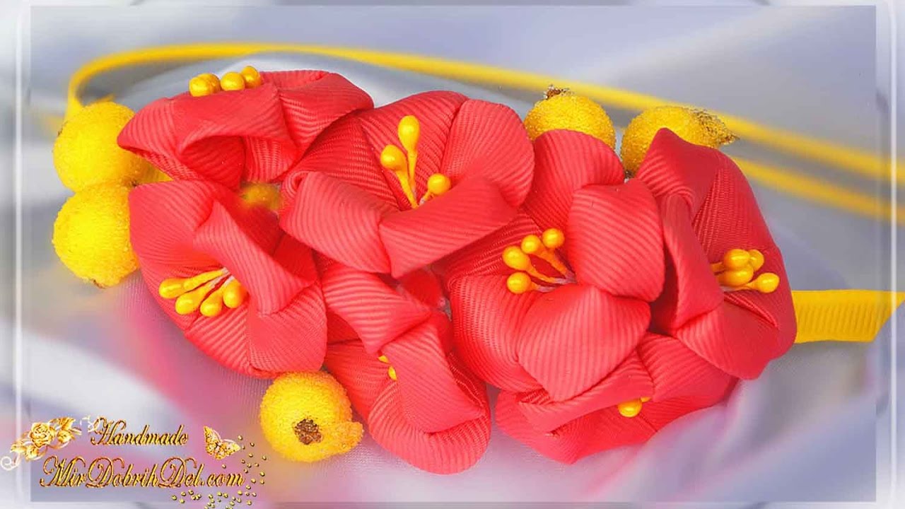 🌸 ОБОДОК канзаши С МАЛЬВАМИ 🌸 Цветы из репсовой ленты 🌸 DIY Kanzashi Headband