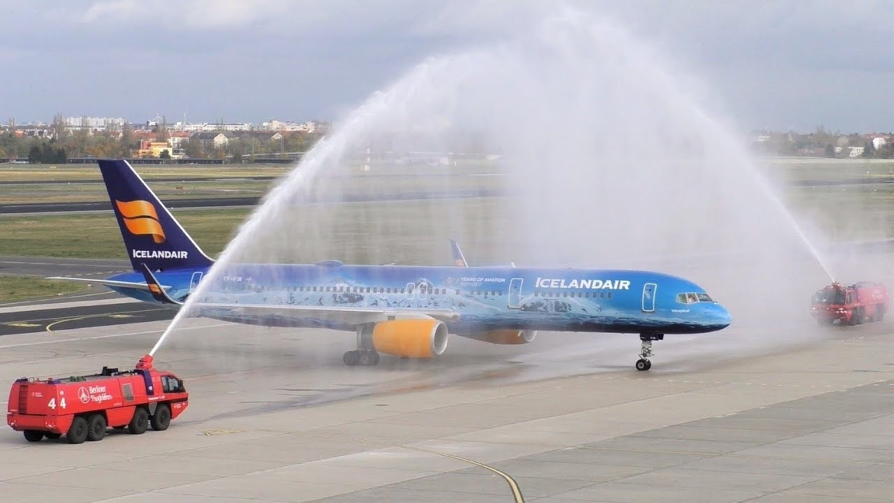 INAUGURAL FLIGHT Icelandair Boeing 757-256 TF-FIR (80 years of Aviation Livery) WATER SALUTE Berlin