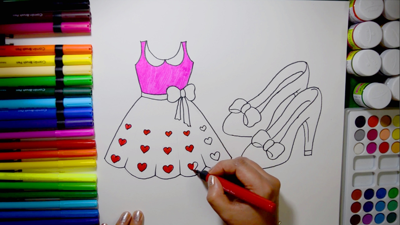 Draw and Color Barbie Heart Dress with Cute Shoes Coloring Page and Learn to Color