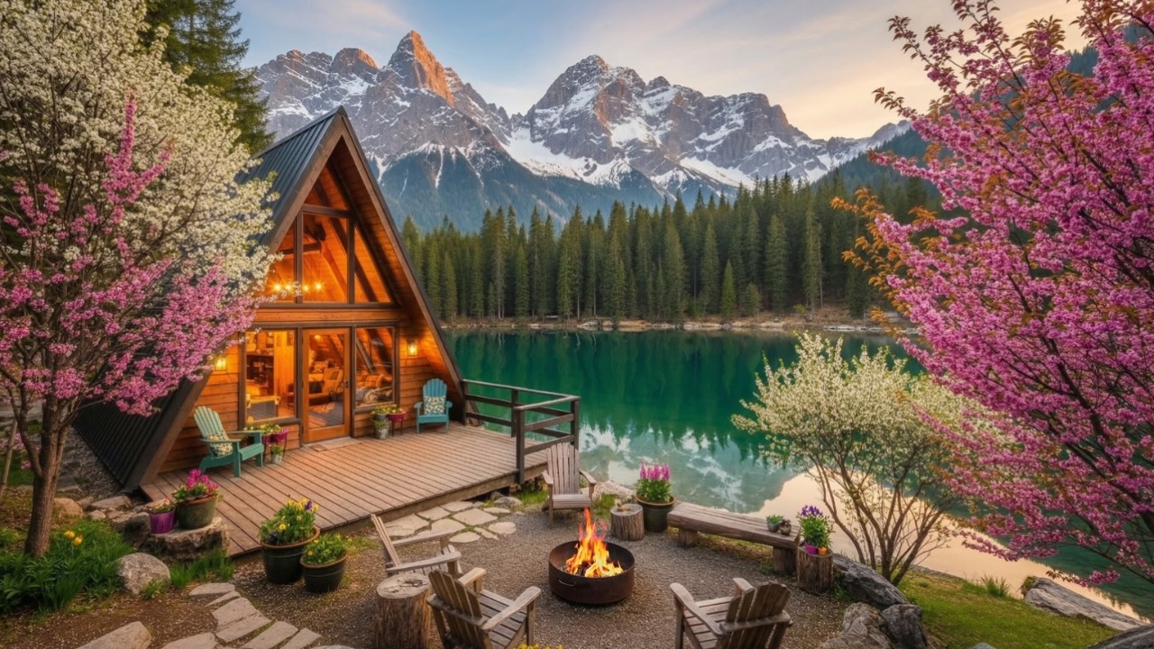 Relaxing Spring Blossom Lakeside Cabin Ambience 🌸| Cozy Campfire & Relaxing Nature Sounds