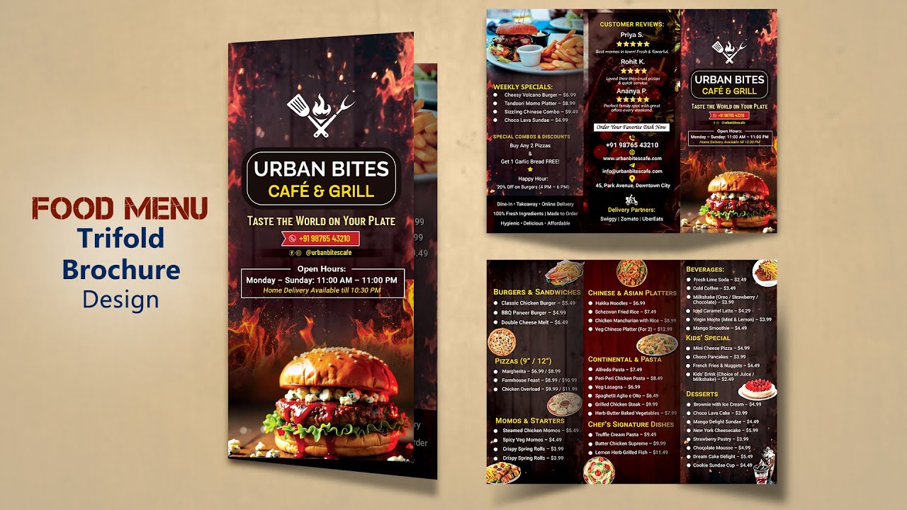 Food Menu Brochure Design | Trifold Brochure Design | Brochure Design | Photoshop Tutorial