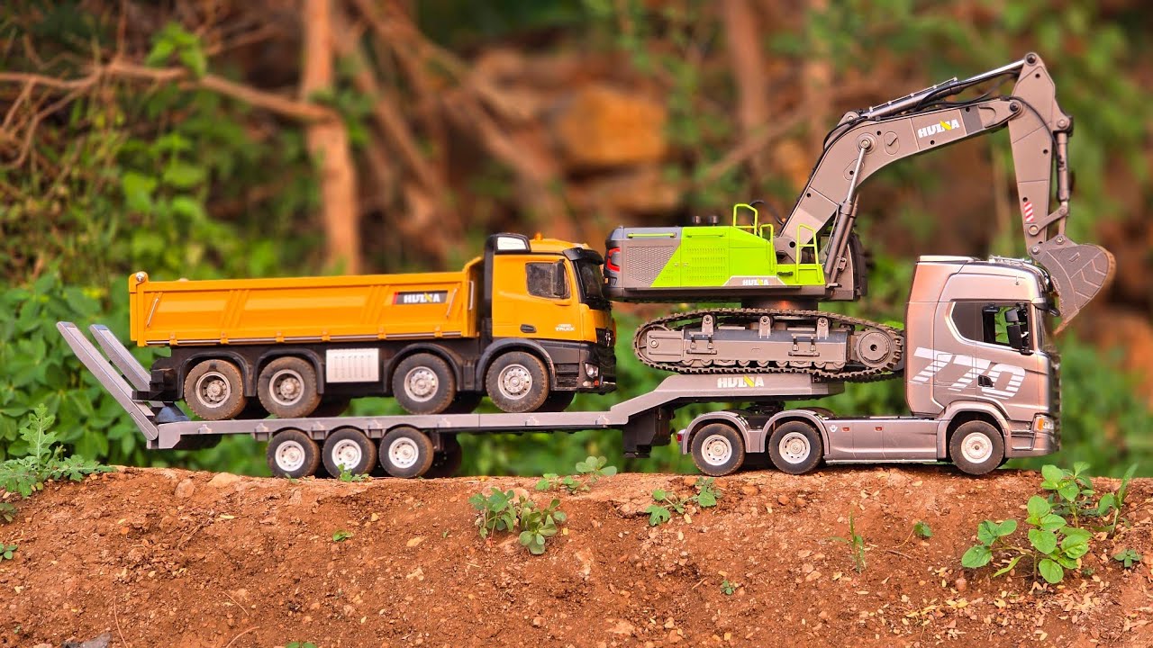 Excavator Huina 1593 Working Loading Stone In To Dump Trailer Scania 770 Semi Trailer & Huina 1536