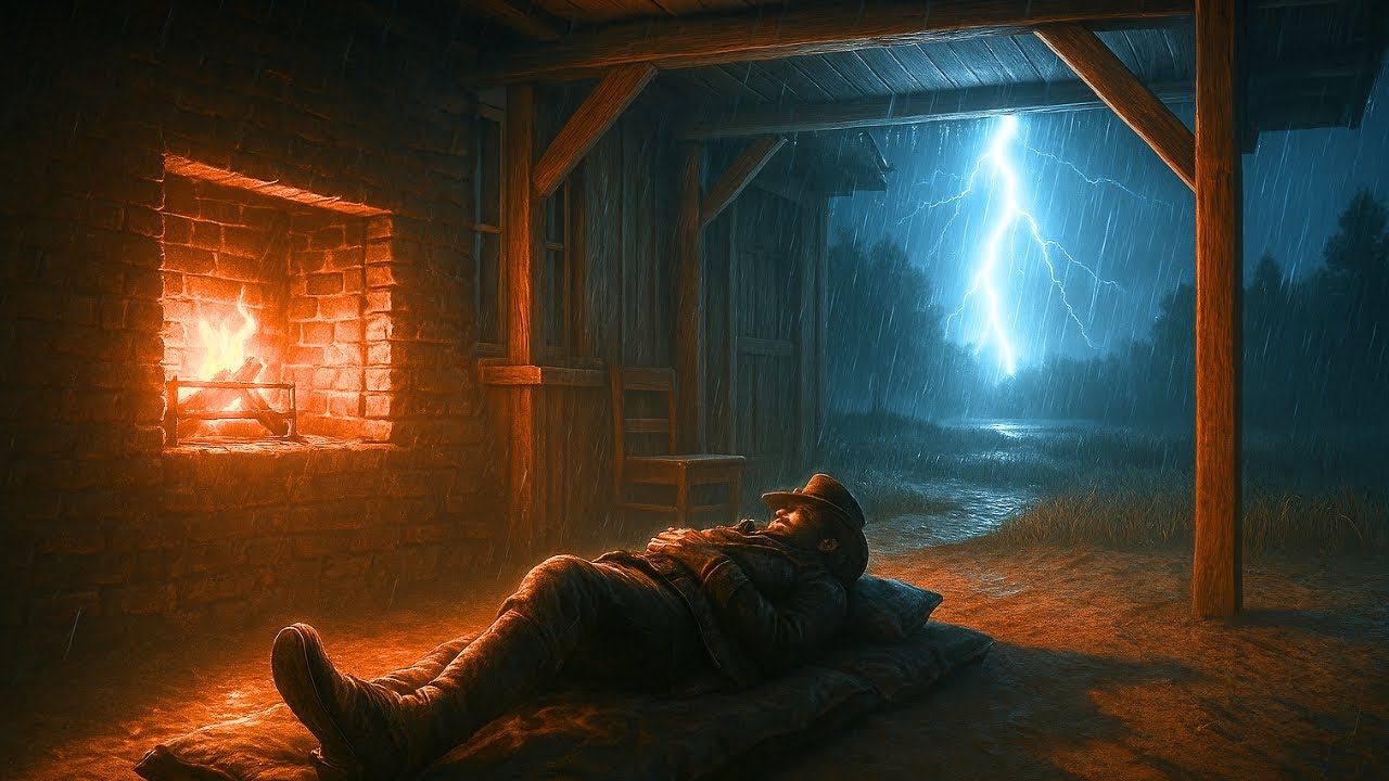 Lonely Cowboy Sleeping by Fireplace on Porch &ndash; Thunderstorm & Heavy Rain RDR2 ASMR