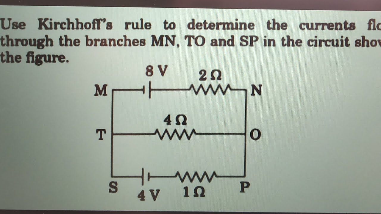 Use Kirchhoff's rule to determine the currents flowing through the branches MN, TO and SP in the