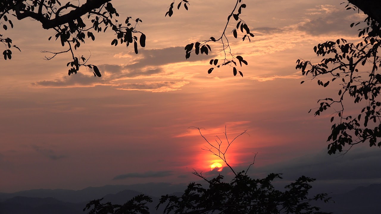 A beautiful sunrise over a mountain and forest.