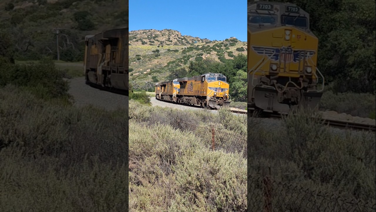 Union Pacific 3 lead freight train at Corriganville Park Simi Valley, California.