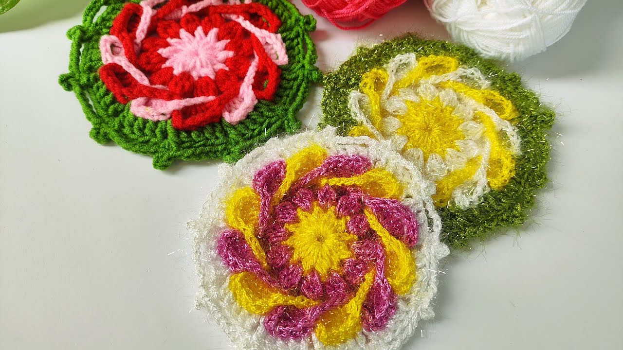 موتیف اسکاج گل چرخشی،crochet flower dish scrubber
