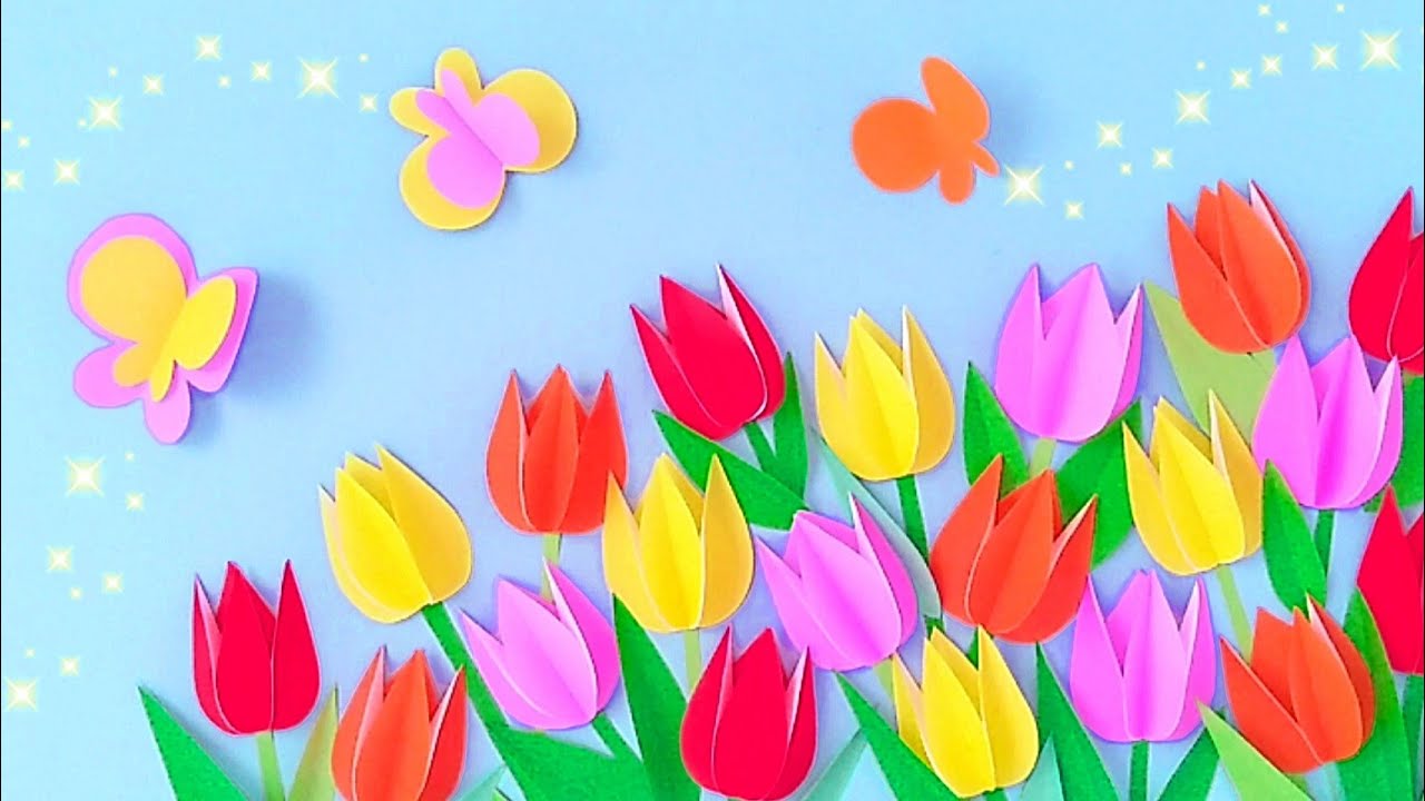 【簡単】春色チューリップと蝶々の作り方💐春の壁面飾り【立体おりがみ】卒業式・入学入園式にも🌸DIY How to make paper tulips.Origami.Paperflower