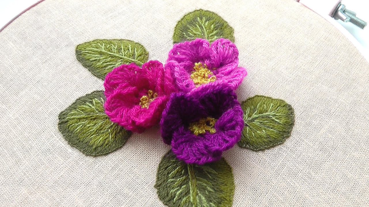 DIY Embroidered Violets with Wool Leaves Superb Hand Embroidery Flower Design