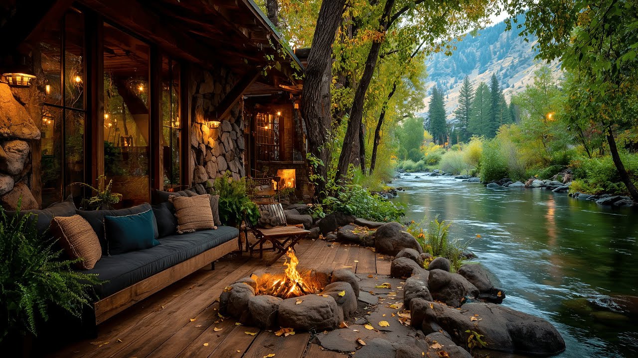This Cozy Riverside Cabin Nature Birds & Firepit Scene Feels Perfect