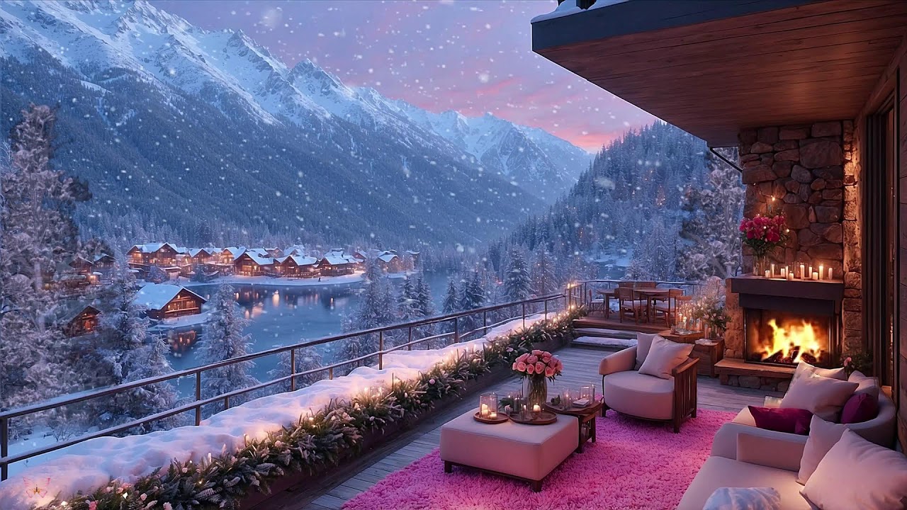 BEAUTIFUL TERRACE FIREPLACE 4K 🔥WITH SNOWFALL ❄️💗 WINTER AMBIENCE