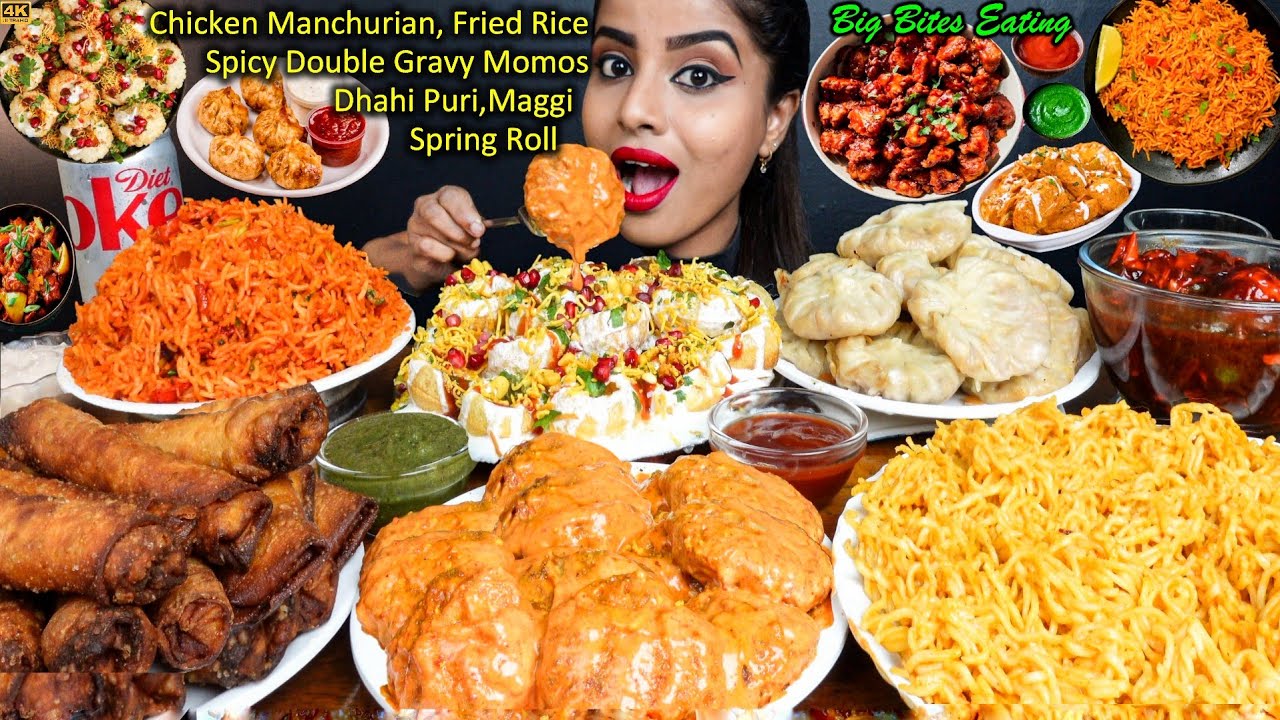 Eating Spicy Maggi,Chicken Momos,Spring Rolls,Dahi Masala Puri,Curry Street Food ASMR Eating Mukbang
