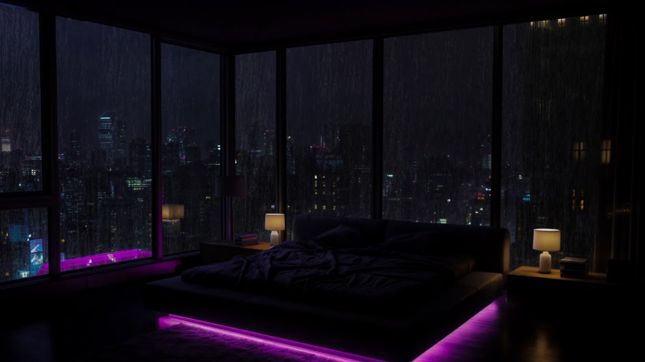 Urban Rain on Glass & Distant Thunder at Night — City Ambience for Anxiety Relief | Violet Rain City