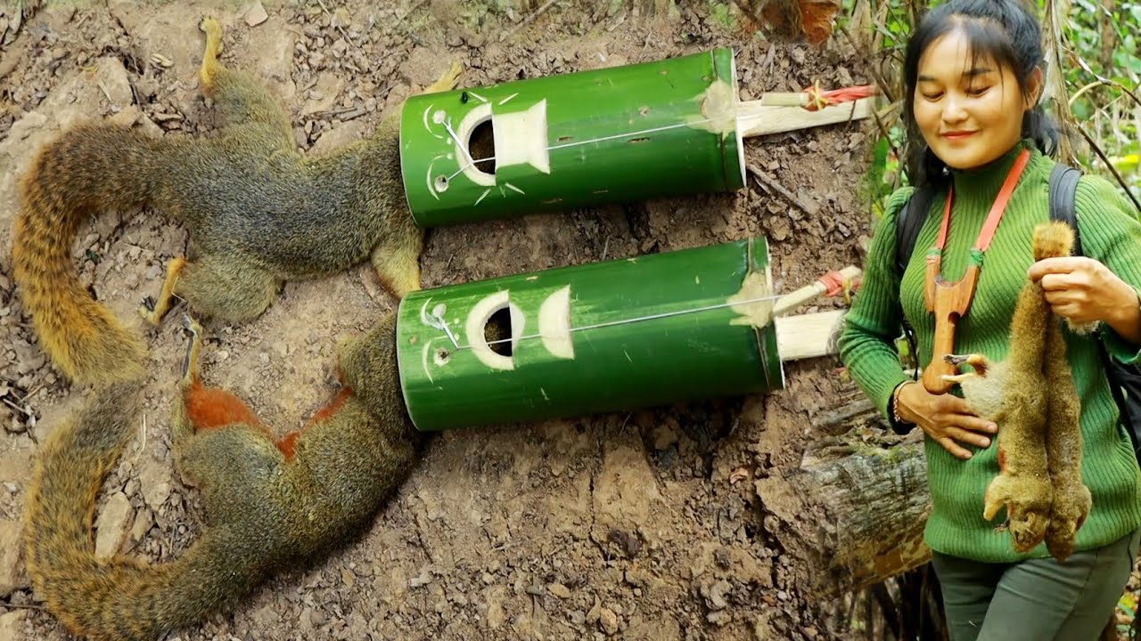 สาวดอย เดินป่าทำกับดักกระรอกสุดอัศจรรย์ Making Amazing squirrel traps