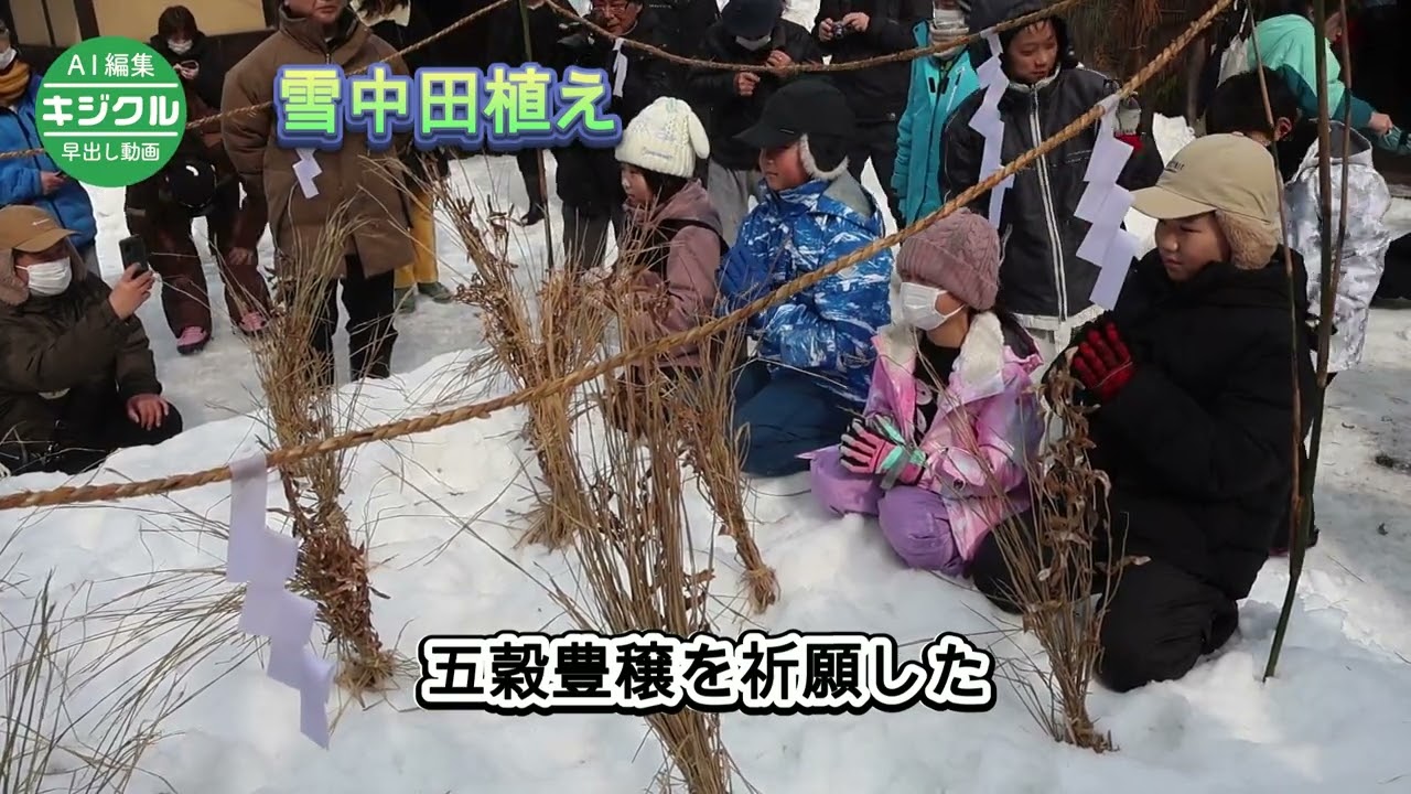 ２歳児も参加、雪中田植え　酒田・旧阿部家で恒例の小正月行事