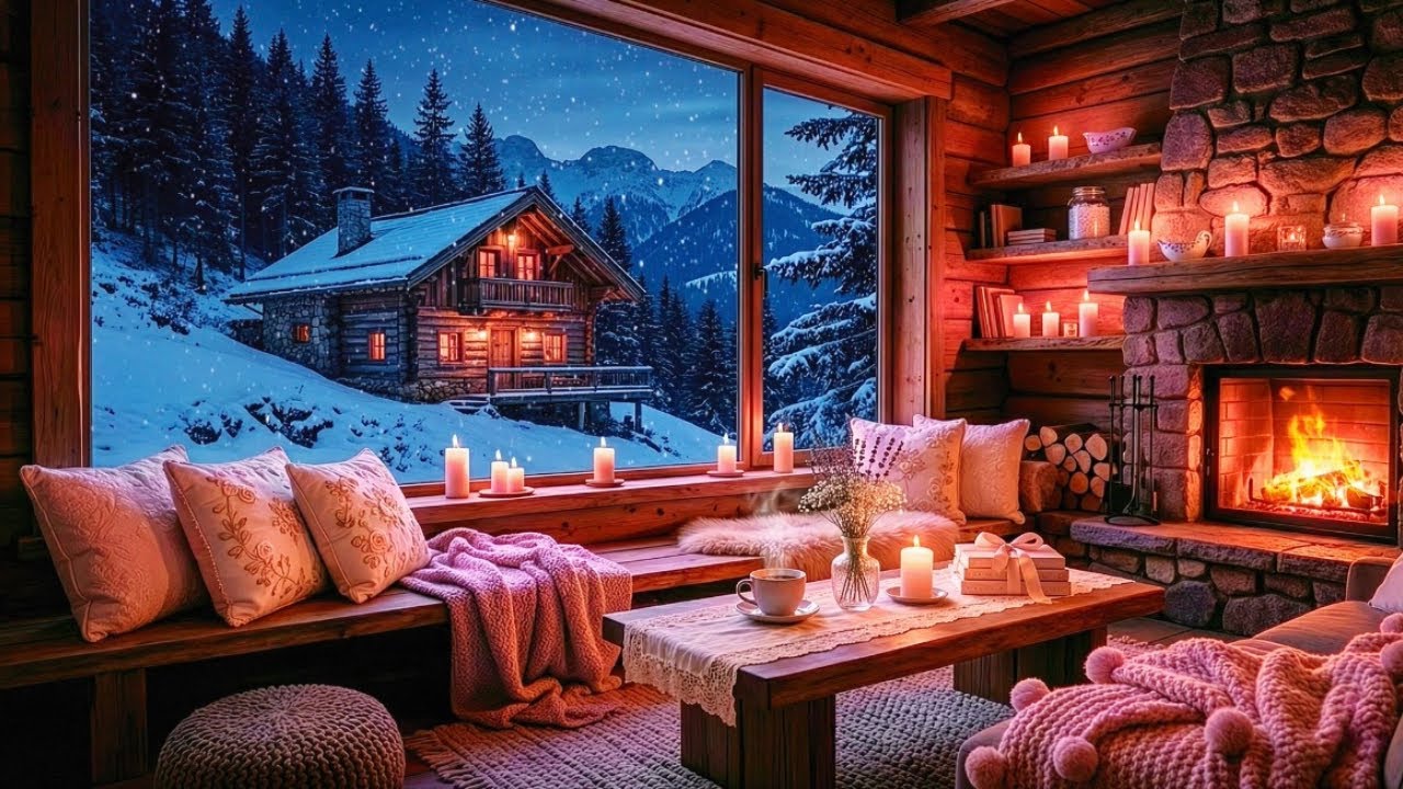 30 Minutes Cozy Pink Fireplace Ambience ❄️ Soft Winter Living Room | Crackling Fire & Snow