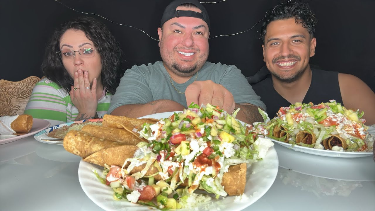 CHICKEN FLAUTAS & Cheesy Beans • Mexican Food Mukbang • By Mama Appetite w/ Jay Grubz