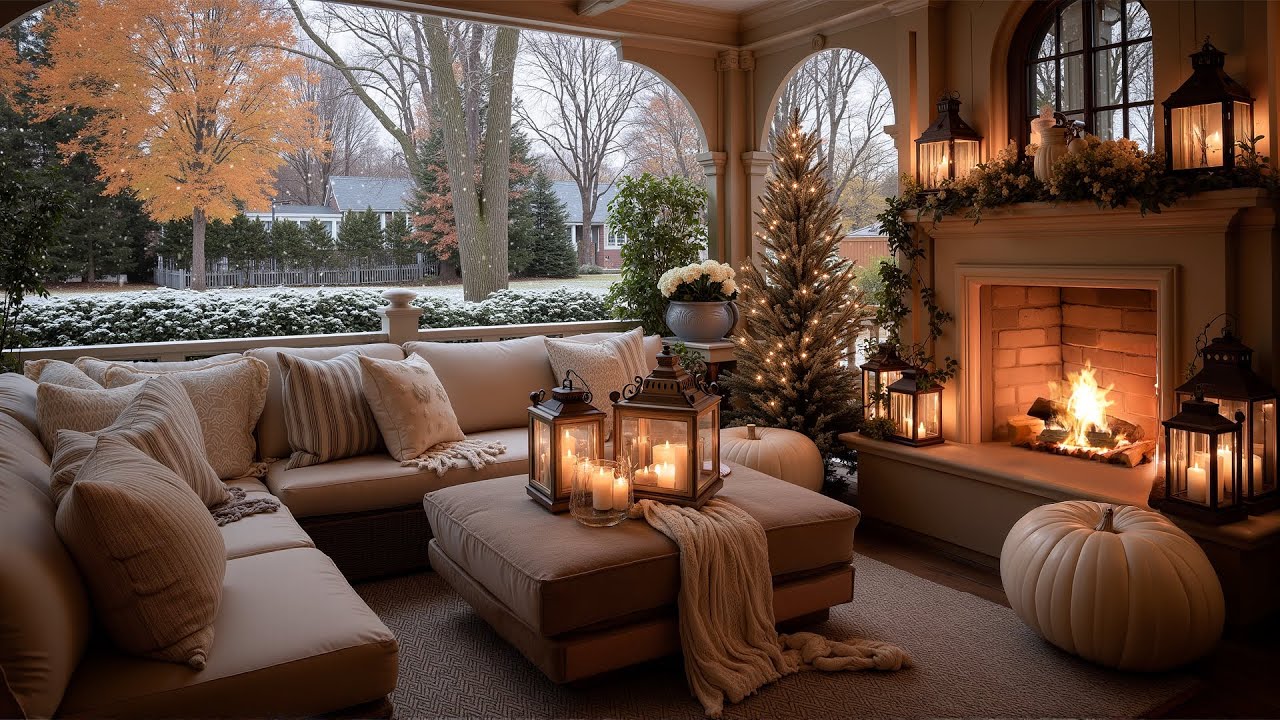 Cozy Winter Morning Ambience ❄️ Fireplace Glow on a Rustic Terrace and Falling Snow for Relaxation