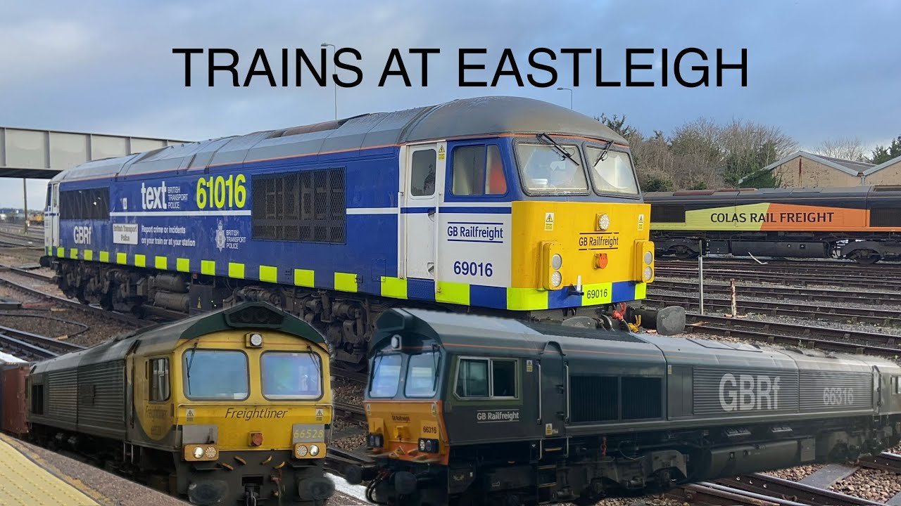Trains at Eastleigh ft 69016 and many class 66s 