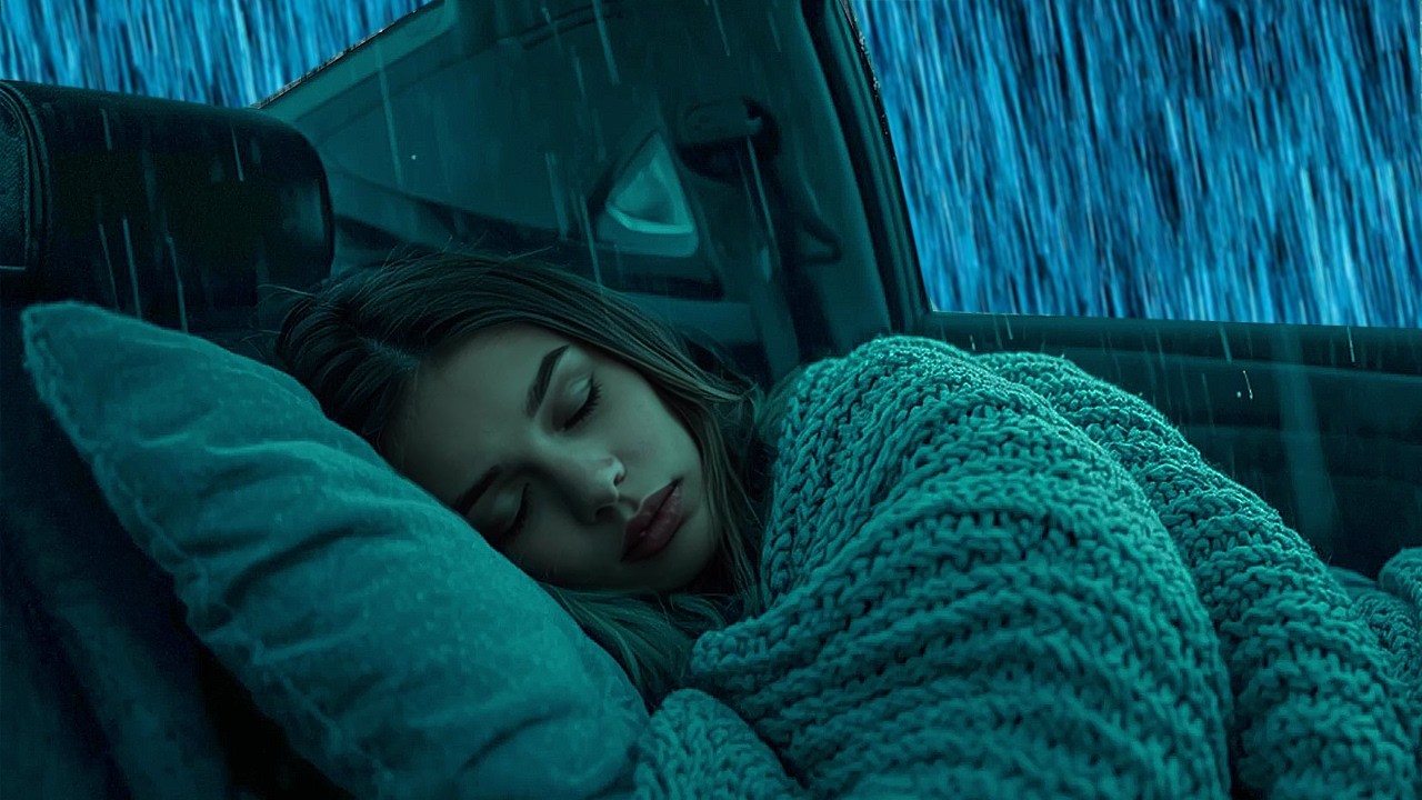 99% Overcome Insomnia with Heavy Rain & Thunder Sounds on The Car at Night