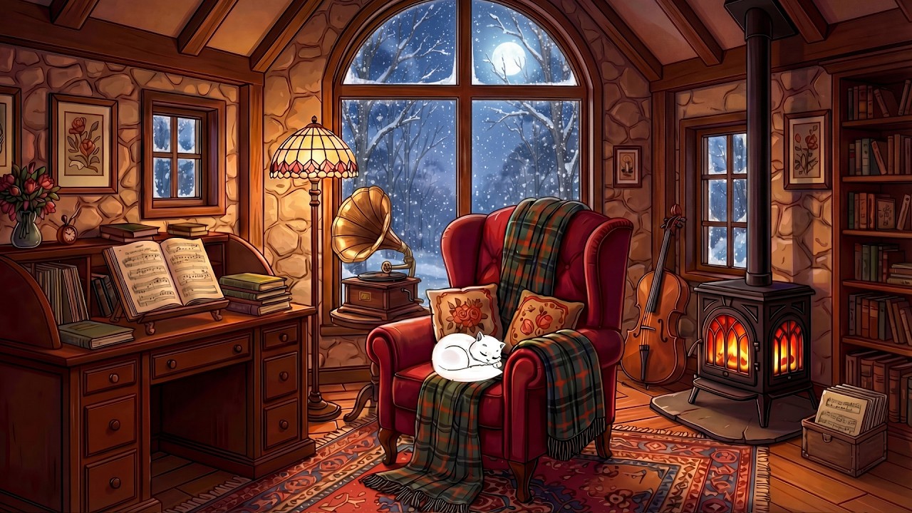 1940's cozy night with oldies playing in another room for relaxation (fireplace sounds)