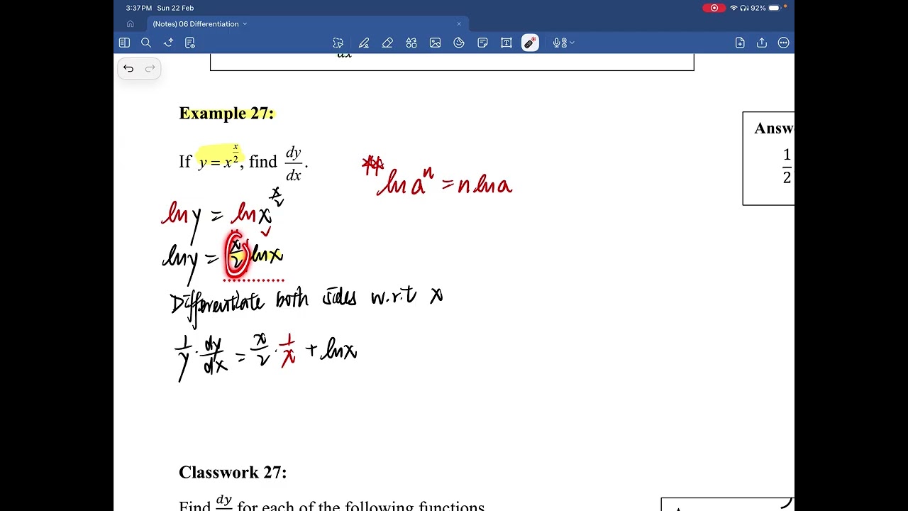 110 Steps for Logarithmic Differentiation & Example 27