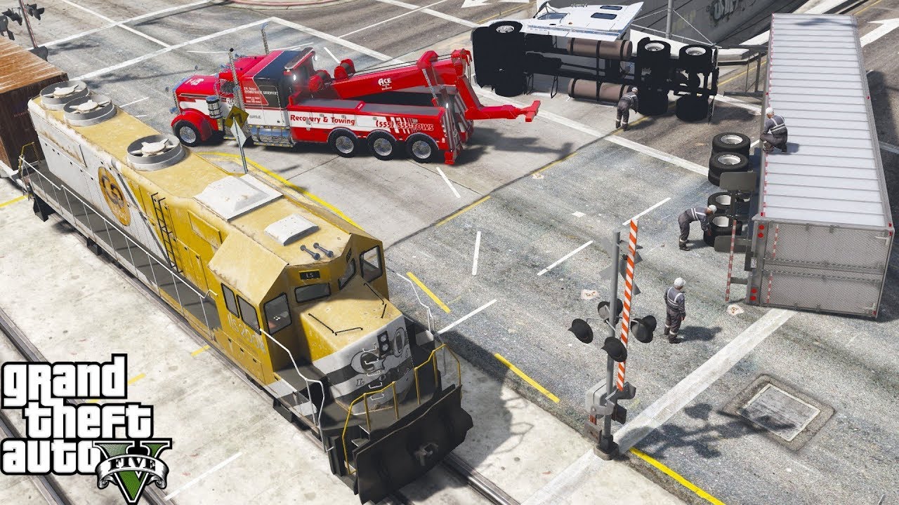 GTA 5 Real Life Mod #179 Heavy Duty Tow Truck Wrecker Flips Semi Truck Trailer Hit By Freight Train