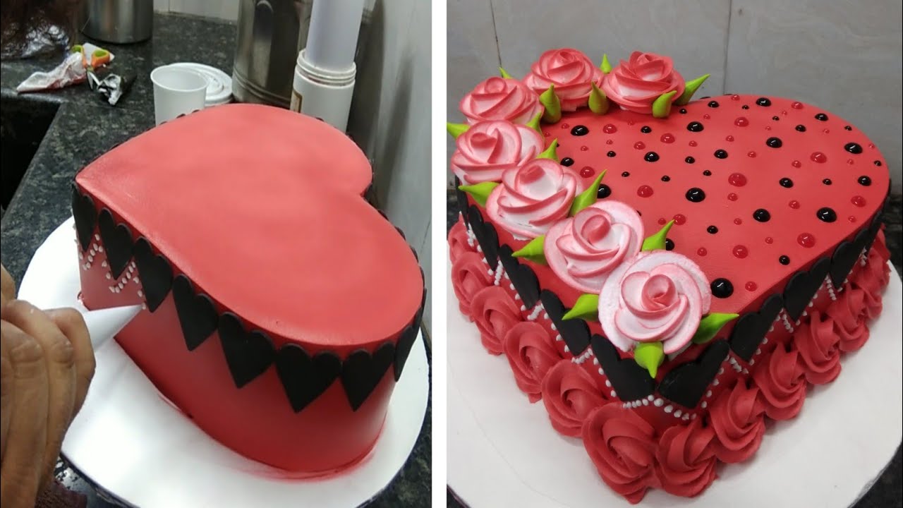 How to make Engagement Cake Design Heart shape cake red colour flowers cake simple decoration