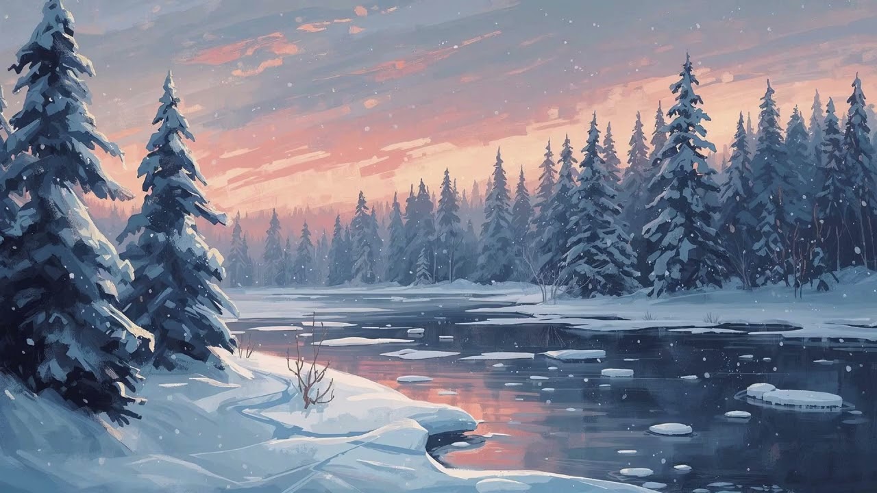 Winter River Painting Wallpaper – Snowy Pines and Soft Jazz