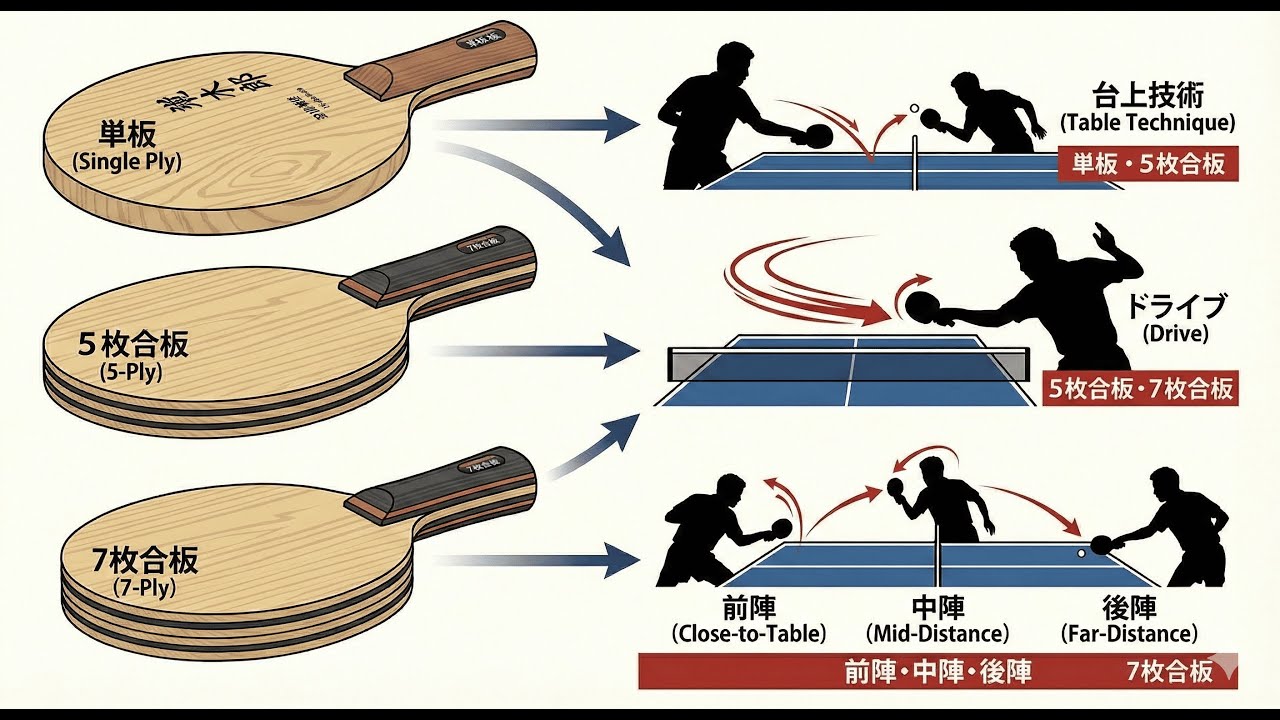 ラケット構成（単板・5枚/7枚合板）と卓球技術（台上技術、ドライブ、前陣・中陣・後陣）の話【卓球メーカーやベテランプレイヤーが教えてくれない卓球の真実】