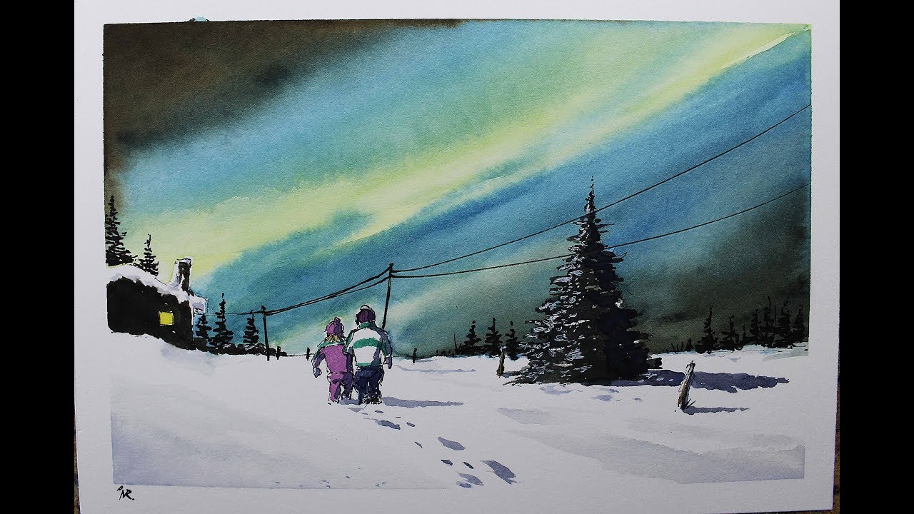 Line and wash Winter scene,night in a happy winter,in watercolor By Nil Rocha