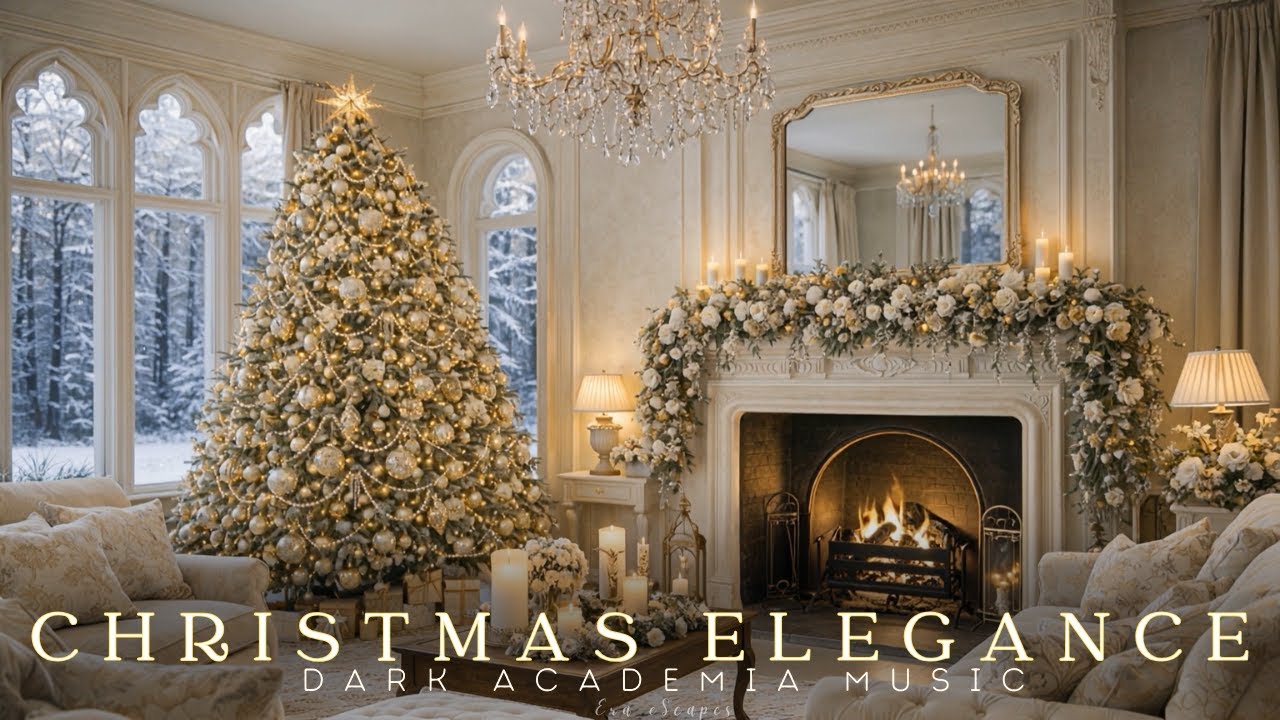 Elegant Christmas Drawing Room | Dark Academia Piano & Fireplace Sounds for Study & Sleep