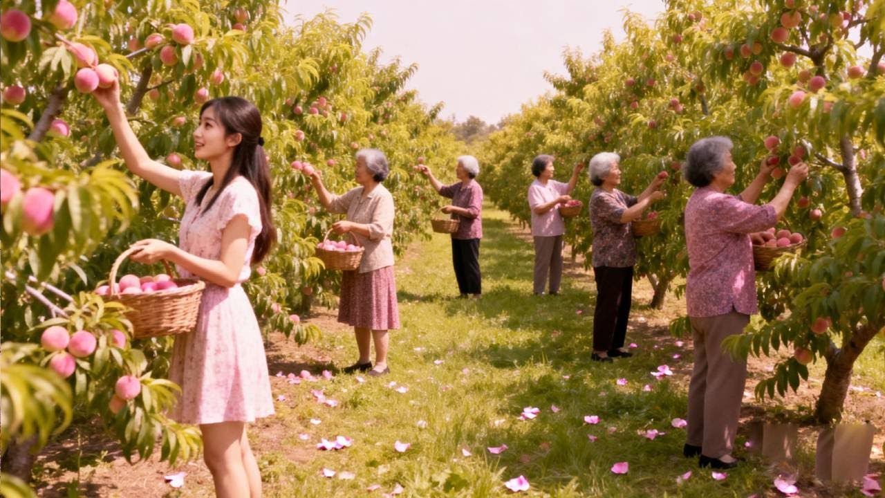 我和妈妈在乡下，带领5个阿姨去摘桃，说说笑笑太开心了【森山野纪】