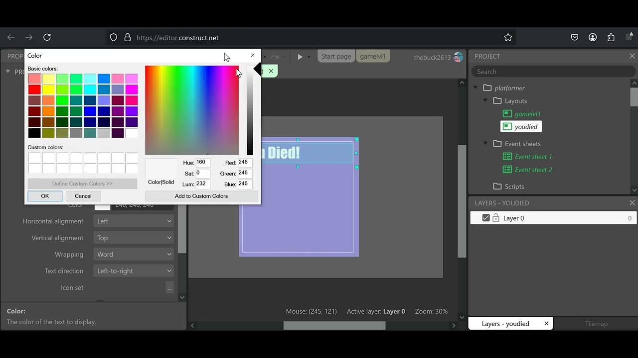 Platformer game episode 2 - adding layouts/coding events and controls