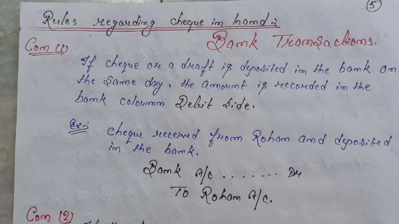 Explanation of rules regarding cheque received in double coloumn cash book.