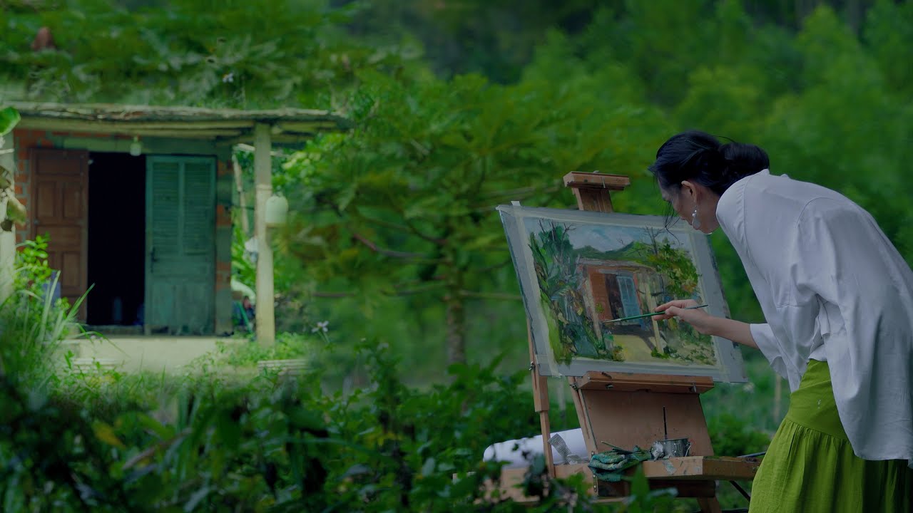 Oil painting in a small house at the foot of the mountain