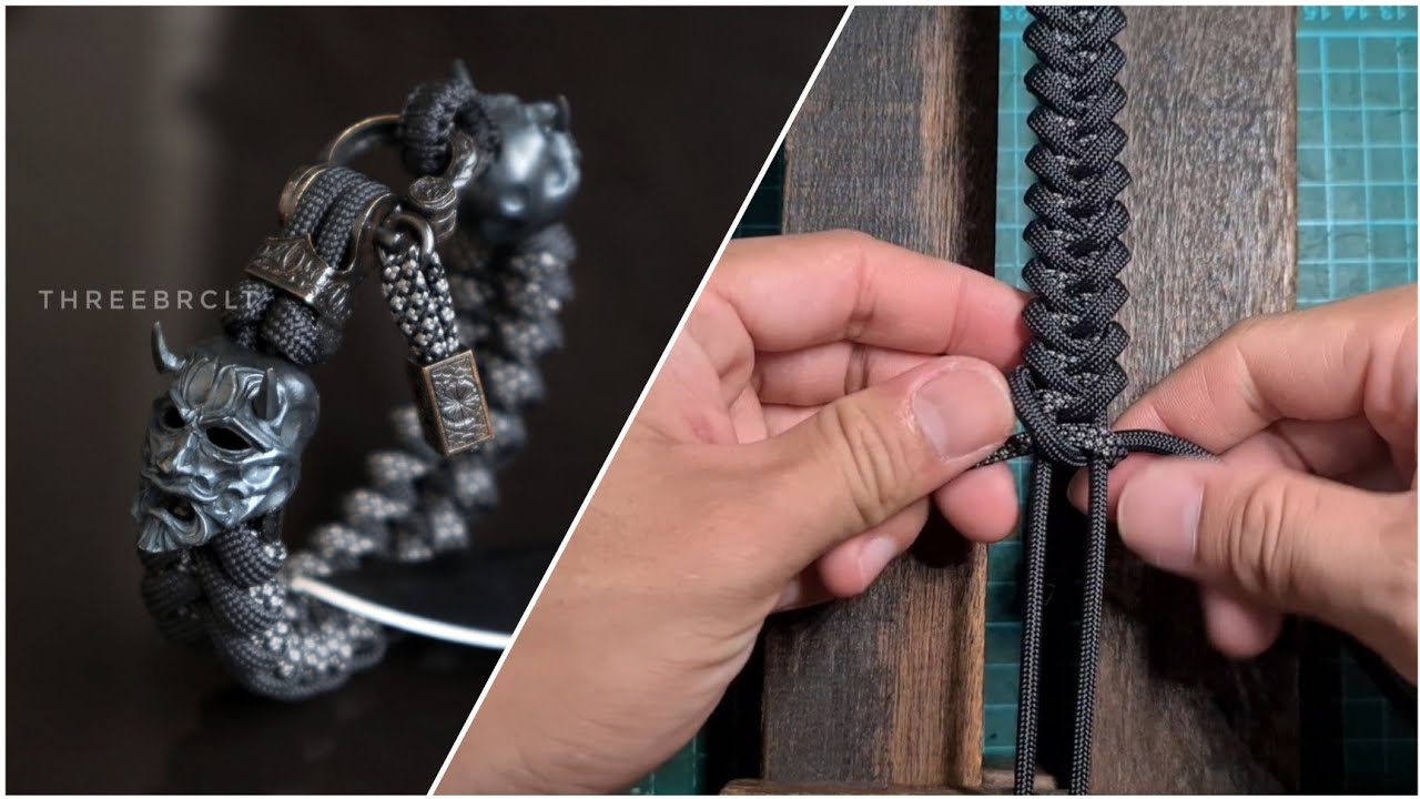 How To Make Shark Jaw Knot Paracord Bracelet with Bead, Tutorial of Paracord Bracelet, Oni Mask Bead