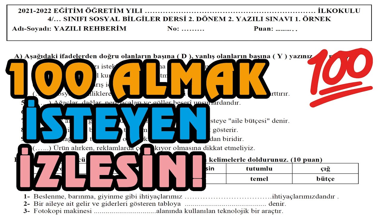 4. Sınıf Sosyal Bilgiler 2. Dönem 2. Yazılı | 1. Örnek 2022