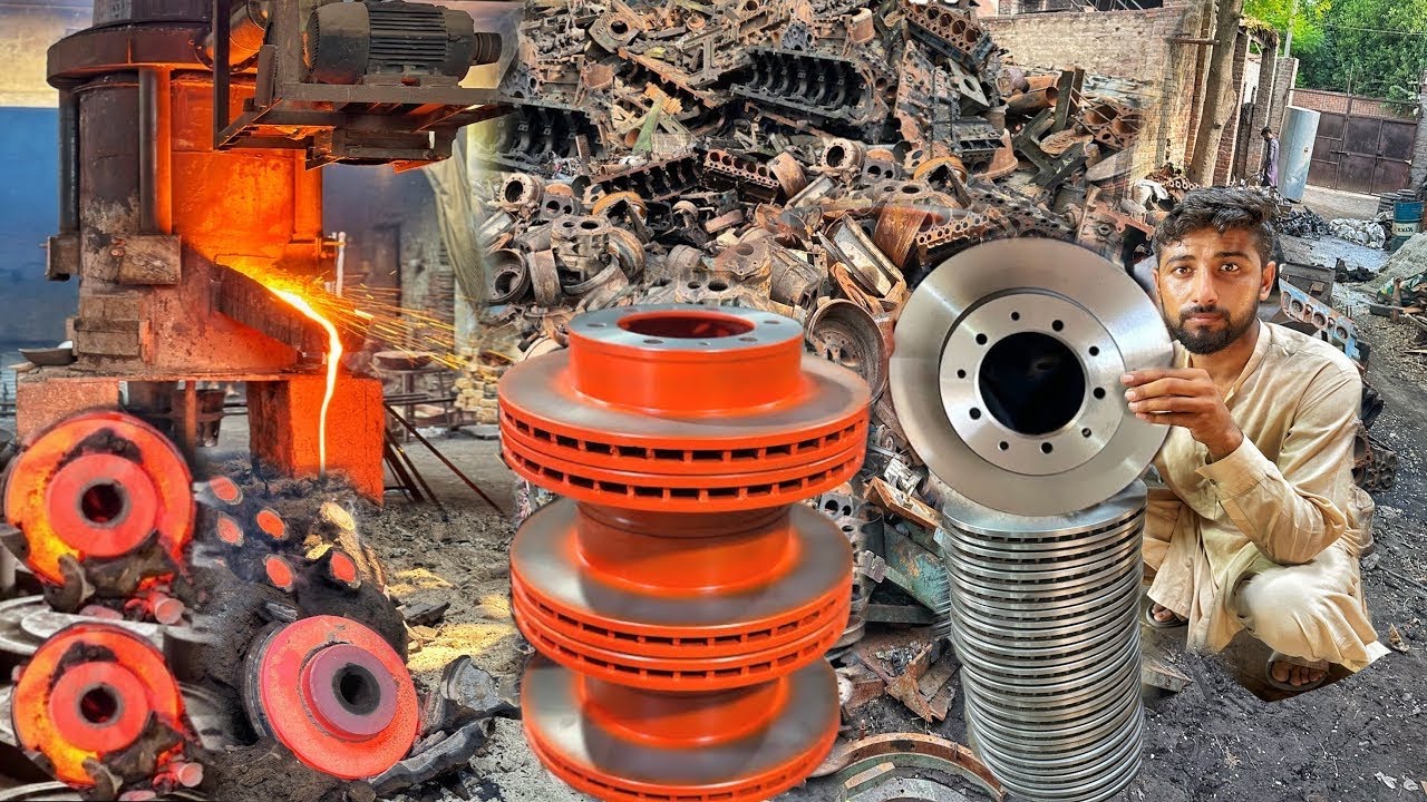 Weird way to make car disc brake plates from engine blocks scrap || production of disc brake plates