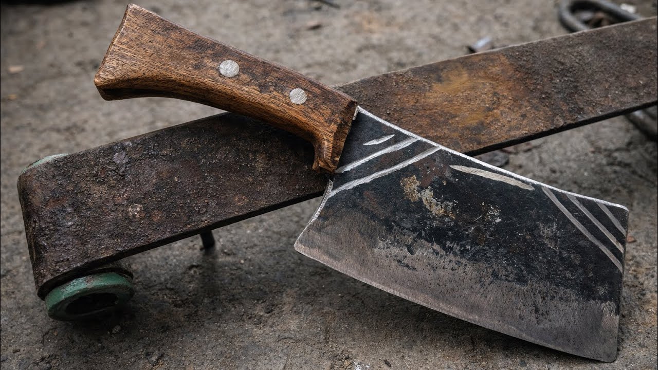 Turning Rusty Car Part into Butcher Cleaver Knife