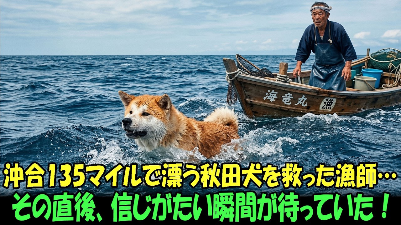 【奇跡の実話】135マイル沖の海で泳いでいる秋田犬を、ある漁師の男性が発見した…そして船に救い上げた瞬間、信じられない出来事が起きた！