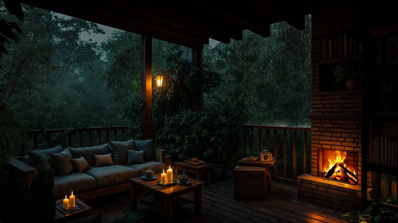 Sitting On The Porch On Stormy Day⚡Sons de chuva e lareira para dormir, relaxar, descansar e estudar