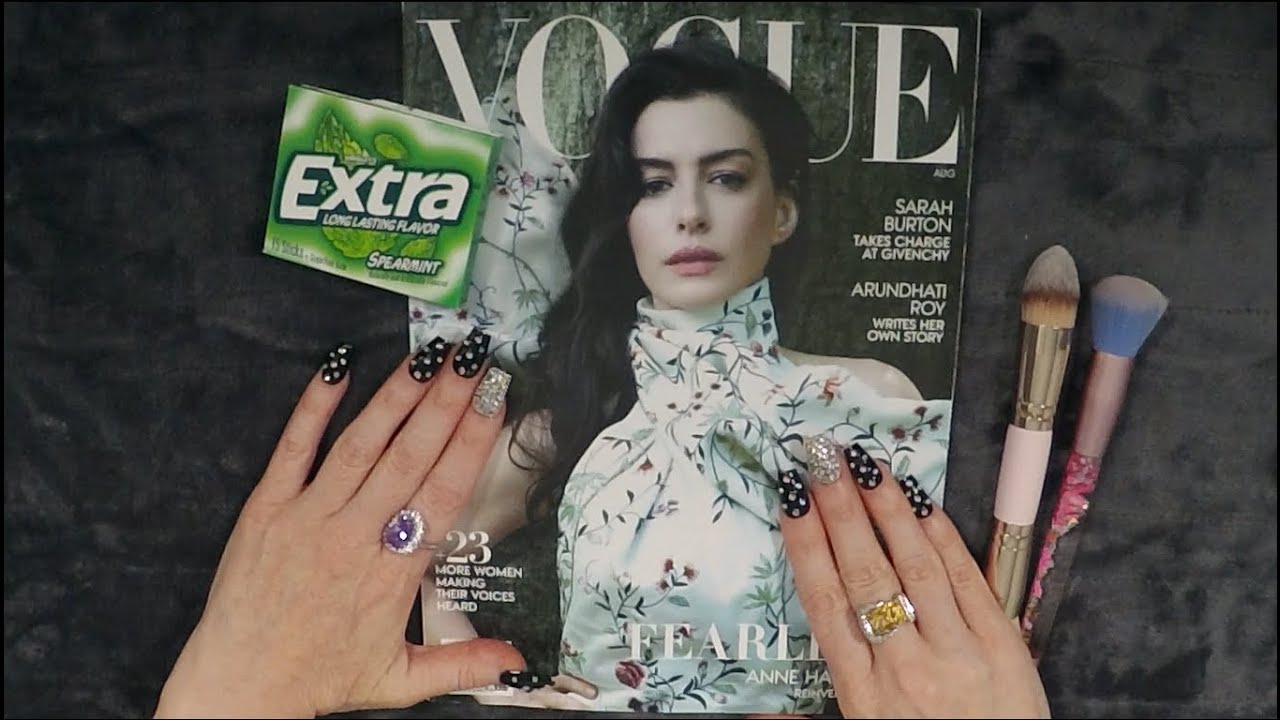 ASMR Gum Chewing Magazine Flip Through | Vogue Anne Hathaway | Whispered Page Turning