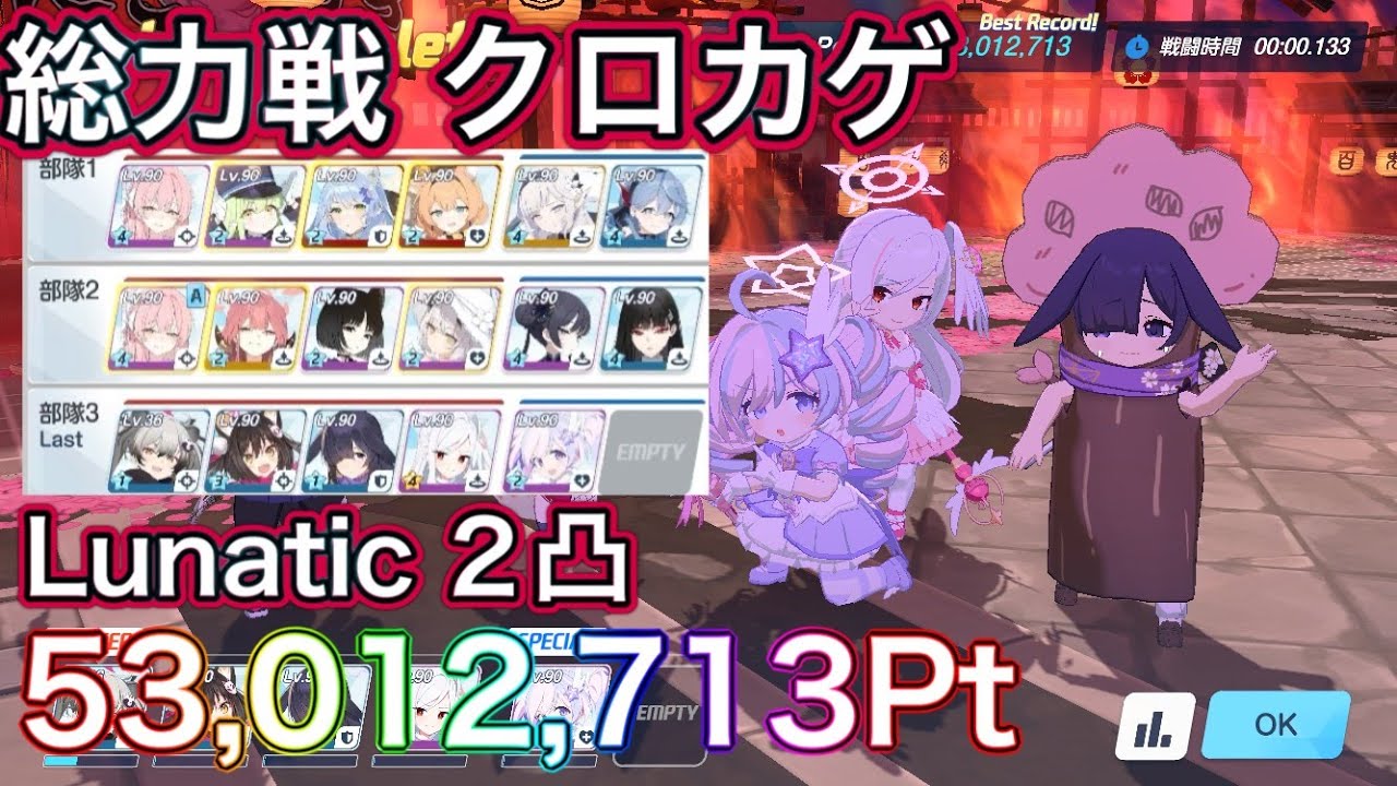 【ブルアカ】総力戦 クロカゲ 市街地  Lunatic 2凸 53,012,713Pt【ブルーアーカイブ】