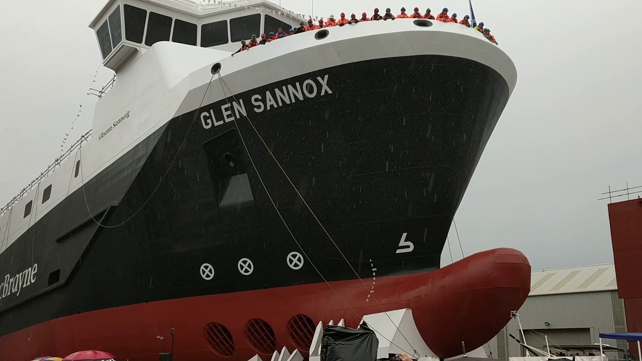 Launch of the Glen Sannox ferry from Fergusons ship yard Port Glasgow