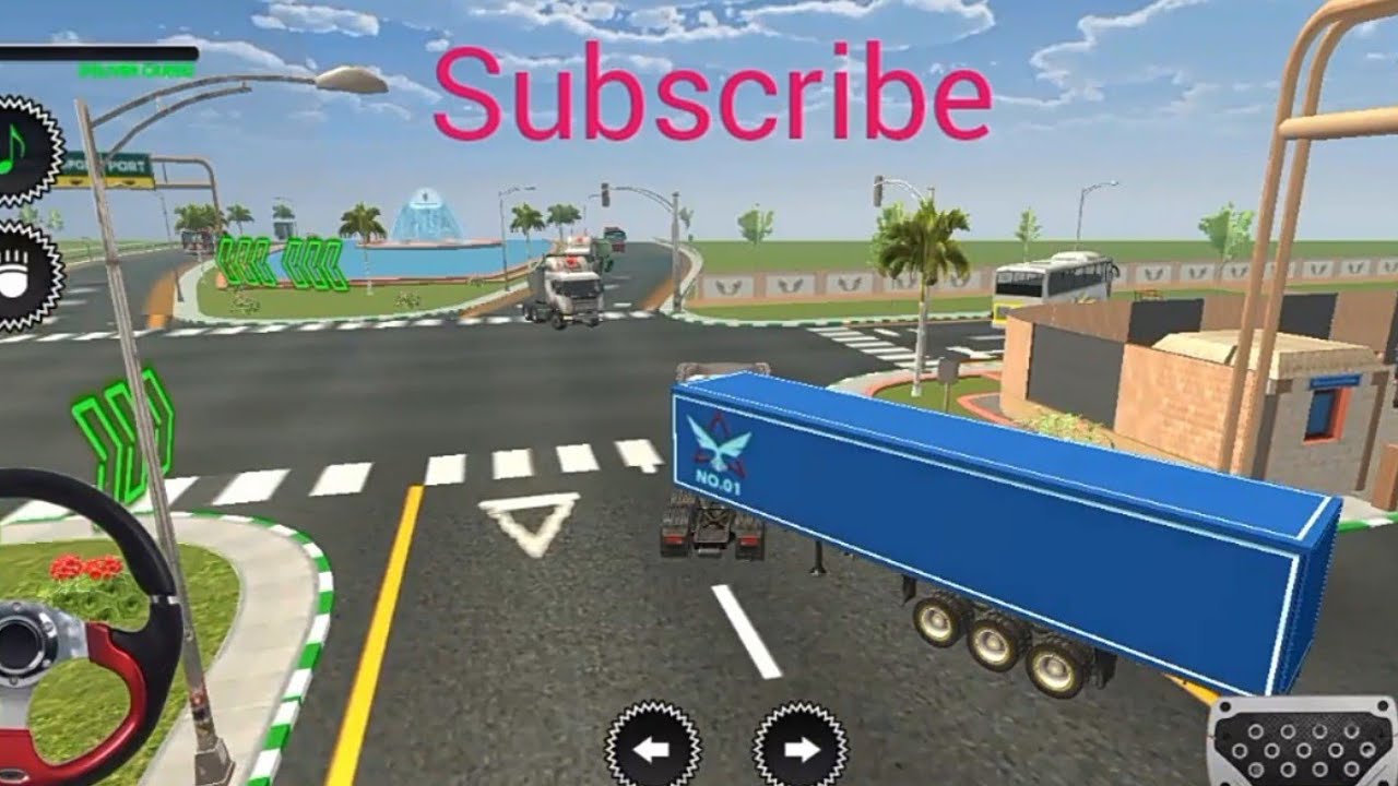 Truk simulator truk Cargo pembawa kontainer meluncur kencang melewati jalan raya yang mulus
