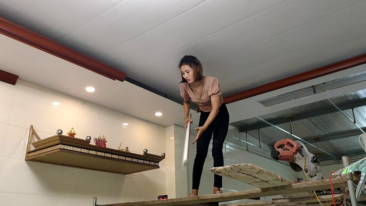 thi công mẫu trần nhựa Nano giật cấp:khung xương bằng sắt hộp