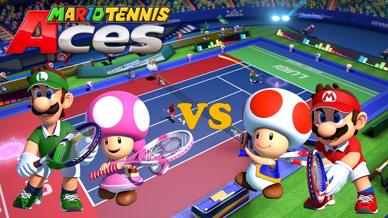 Mario Tennis Aces - Luigi & Toadette vs Mario & Toad - Marina Stadium (Night)