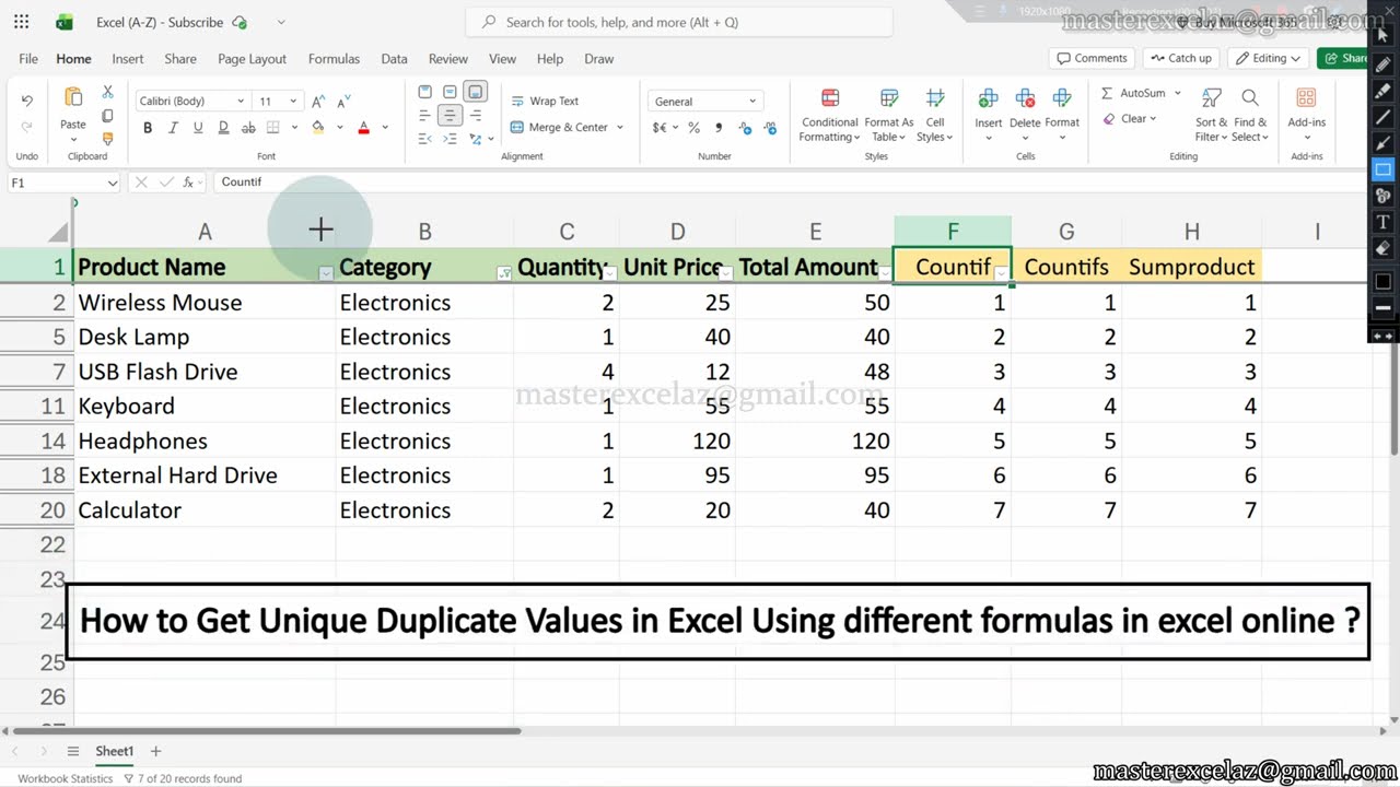 How to Get Unique Duplicate Values in Excel Using different formulas in Excel Online Cloud