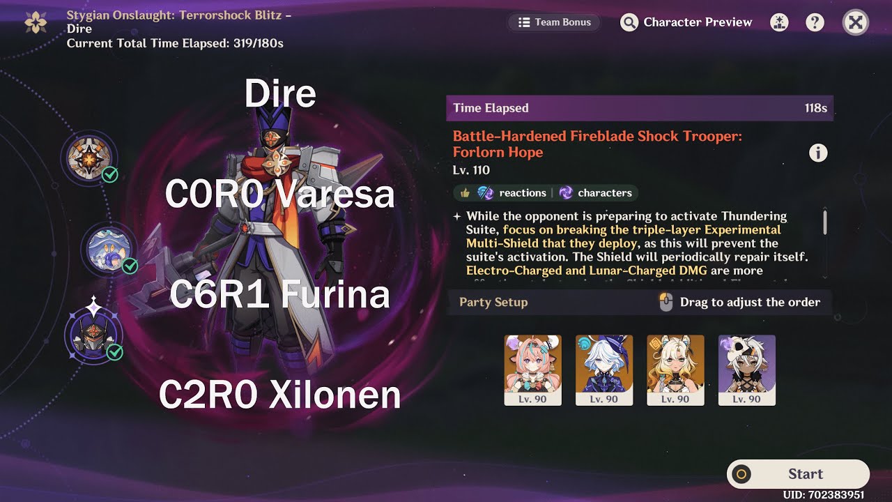[Dire Difficulty] C0R0 Varesa vs Fatui - 118s clear [Stygian Onslaught 6.0 Luna 1]